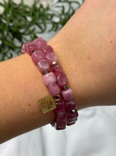 BY O LA LA ! BRANSOLETKA Z KAMIENI NATURALNYCH KWADRATOWA RÓŻ/ZŁOTO