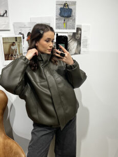 LA MILLA DŁUGA KURTKA BOMBER ECO SKÓRA OCIEPLANA KHAKI