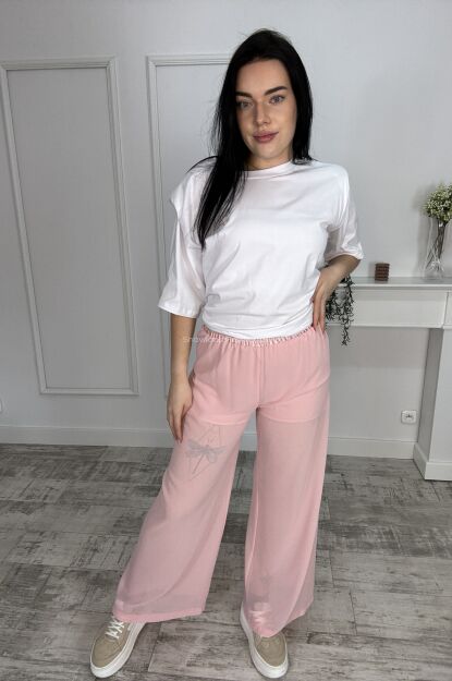 BY O LA LA!  LEKKIE SPODNIE WIDE LEG Z SZORTAMI RÓŻ