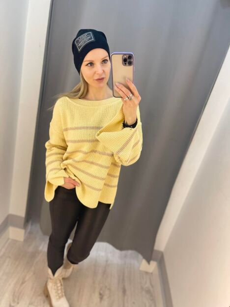 BY O LA LA.. ! OVERSIZOWY SWETER W PASKI ŻÓŁTY