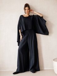 BY O LA LA...! LNIANE SPODNIE WIDE LEG Z SZEROKĄ GUMĄ CZARNE