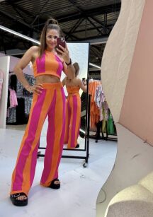 LA MILLA DZIANINOWY KOMPLET WIĄZANY TOP + SPODNIE PASKI RÓŻ/POMARAŃCZ