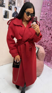 LA MILLA DŁUGI WEŁNIANY PŁASZCZ Z KLAPAMI CZERWONY