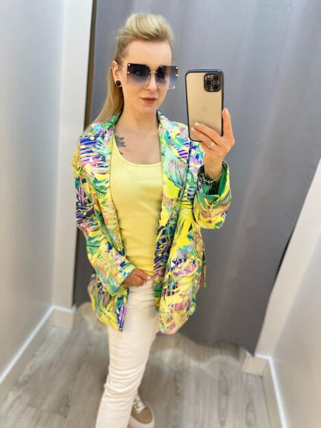BY O LA LA! OVERSIZOWA MARYNARKA FLORAL ZIELONA/MULTICOLOR
