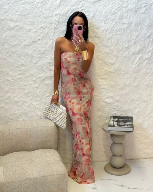 LA MILLA SUKIENKA MAXI SIATECZKA FLOWERS BEŻ/RÓŻ