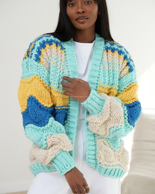 BY O LA LA...! KRÓTKI SWETER KARDIGAN TURQUOISE MULTICOLOR