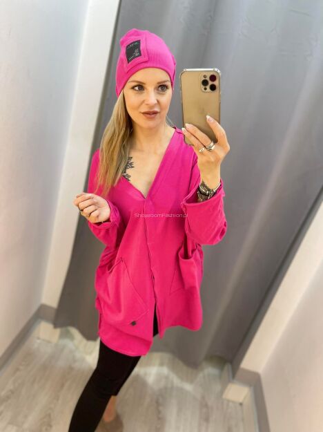 BY O LA LA...! CIENKI KARDIGAN BLUZA OVERSIZE FUKSJA