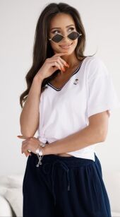 BY O LA LA! BLUZKA T-SHIRT V-NECK TEDDY BIAŁY/GRANAT