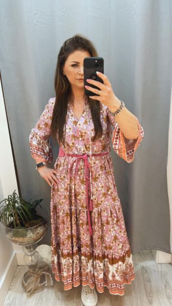 BY O LA LA ! SUKIENKA BOHO Z PRINTEM RÓŻ/ECRU