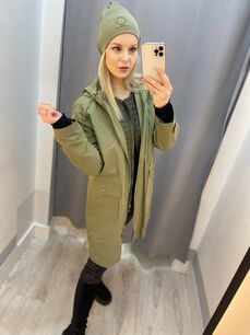 BY O LA LA! ZESTAW PŁASZCZ PARKA + KAMIZELKA OLIWKA