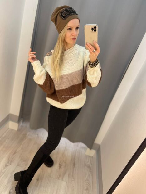 BY O LA LA.. ! OVERSIZOWY SWETER MOHER PASKI ECRU/BEŻ/BRĄZ
