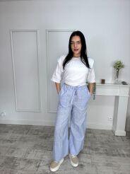 BY O LA LA! SPODNIE WIDE LEG W PASKI NIEBIESKIE