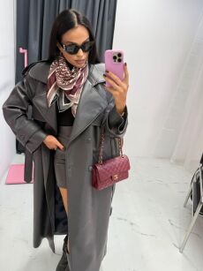 LA MILLA DŁUGI PŁASZCZ Z KLAPAMI ECO SKÓRA GRAFIT