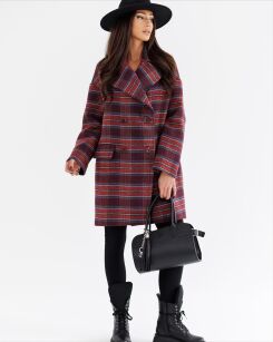 BY O LA LA! OVERSIZOWY PŁASZCZ W KRATĘ MERLOT (BORDO)/GRANAT