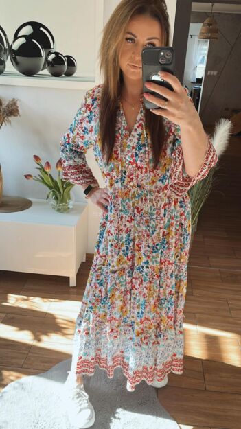 BY O LA LA ! SUKIENKA BOHO Z PRINTEM TURKUS/POMARAŃCZ/CZERWIEŃ