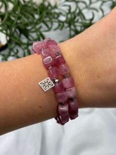 BY O LA LA ! BRANSOLETKA Z KAMIENI NATURALNYCH KWADRATOWA RÓŻ/SREBRO