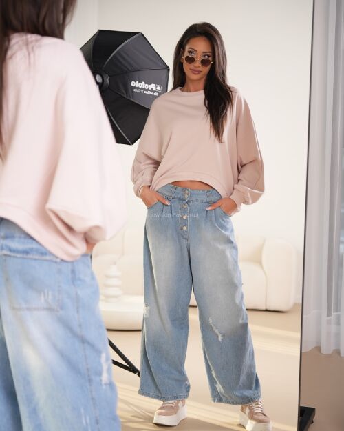 BY O LA LA! SPODNIE JEANSY WIDE LEG BUTTONS NIEBIESKIE
