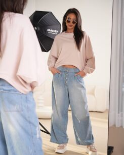 BY O LA LA! SPODNIE JEANSY WIDE LEG BUTTONS NIEBIESKIE