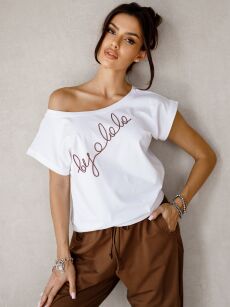 BY O LA LA! BLUZKA T-SHIRT WYSZYWANE LOGO BIEL/MOKKA