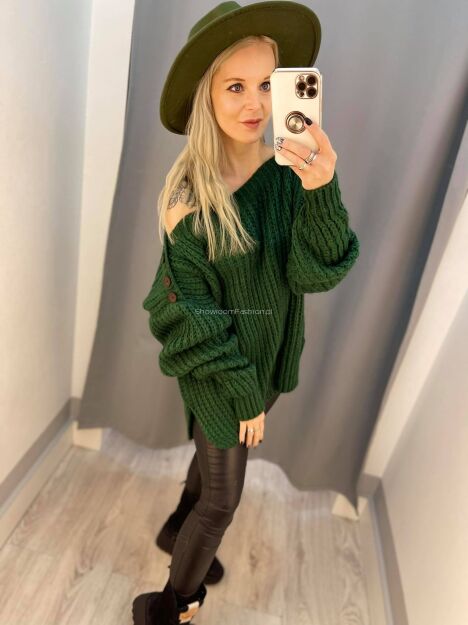 BY O LA LA.. ! OVERSIZOWY SWETER Z GUZIKAMI ZIELONY