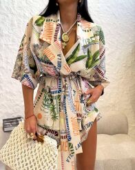 LA MILLA KOMPLET LNIANY KOSZULA KIMONO + SZORTY BEŻ/MULTICOLOR