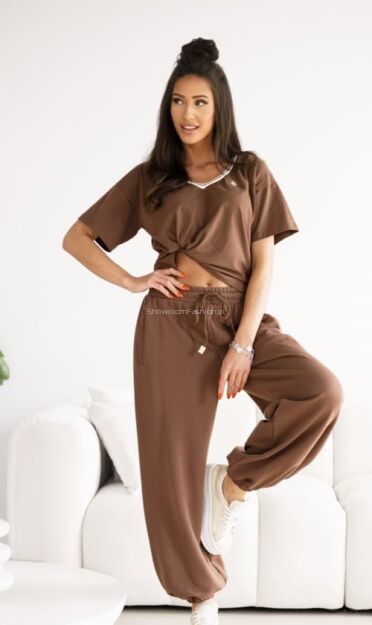 BY O LA LA! BLUZKA T-SHIRT V-NECK TEDDY MOKKA