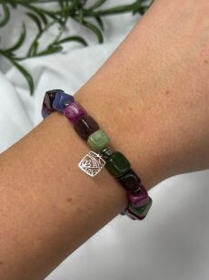 BY O LA LA ! BRANSOLETKA Z KAMIENI NATURALNYCH KWADRATOWA FIOLET/ZIELEŃ/MULTICOLOR/SREBRO