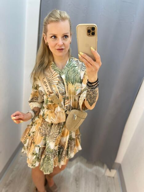 BY O LA LA! SUKIENKA Z PRINTEM JUNGLE ECRU/BEŻ/ZIELEŃ