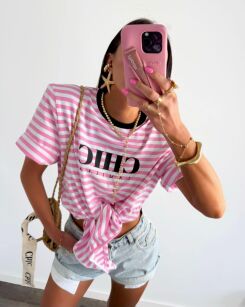 LA MILLA BLUZKA T-SHIRT CHIC Z WĘZŁĘM W PASY CZERŃ/BIEL/RÓŻ