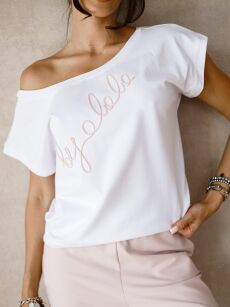 BY O LA LA! BLUZKA T-SHIRT WYSZYWANE LOGO BIEL/RÓŻ
