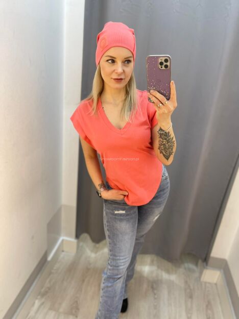 BY O LA LA...! BLUZKA T-SHIRT MOTYLEK KORAL