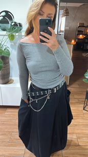 BY O LA LA...! PRĄŻKOWANA BLUZKA BASIC ŁÓDKA SZARY MELANŻ