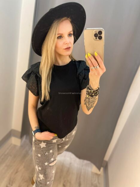 BY O LA LA...!  BLUZKA T-SHIRT Z HAFTEM ANGIELSKIM CZARNA
