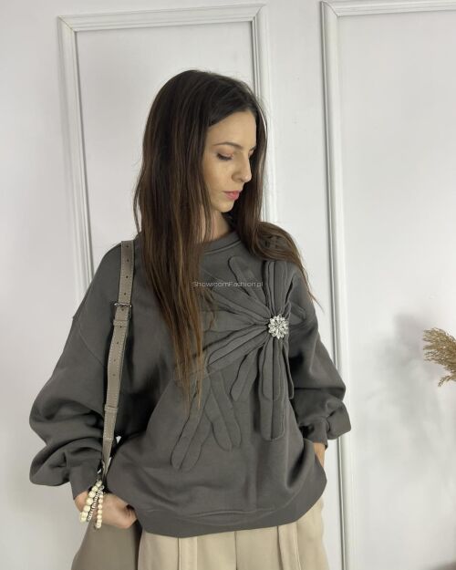 BY O LA LA! DRESOWA BLUZA KWIAT SZARY KWARC