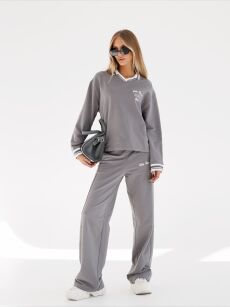 BY O LA LA...! KOMPLET BLUZA KOŁNIERZYK + SPODNIE SZARY