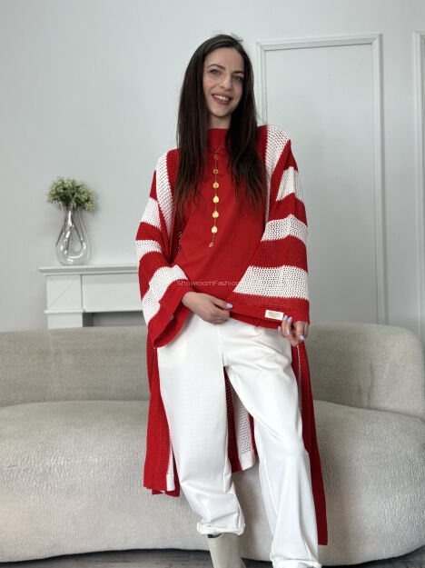 BY O LA LA...! SWETER KARDIGAN W PASY FIESTA RED/BIEL