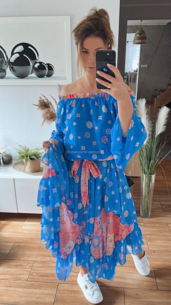 BY O LA LA ! SUKIENKA HISZPANKA BOHO KOBALT