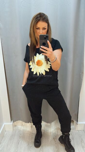 BY O LA LA! BLUZKA T-SHIRT MARGARETKA CZARNA/ŻÓŁTA
