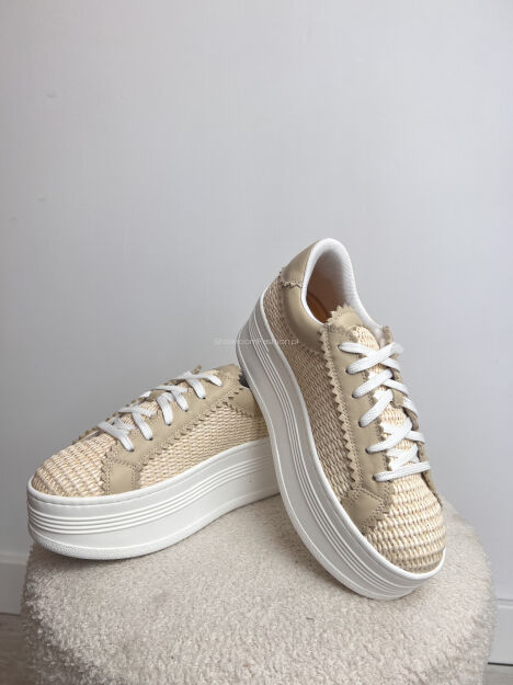 BY O LA LA...! SNEAKERSY TRAMPKI NA GRUBEJ PODESZWIE RAFIA BEŻ