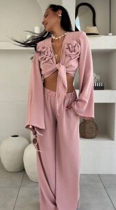 LA MILLA KOMPLET BLUZKA WIĄZANA + SPODNIE WIDE LEG RÓŻE RÓŻ