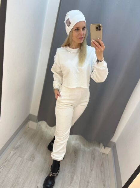 BY O LA LA! ZESTAW DRES BLUZA + SPODNIE PEREŁKI ŚMIETANA