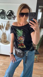BY O LA LA! BLUZKA T-SHIRT ANANAS CZARNA