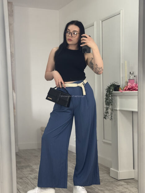 WISKOZOWE SPODNIE WIDE LEG Z PASKIEM UNIQUE NIEBIESKIE