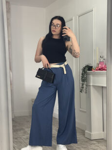 WISKOZOWE SPODNIE WIDE LEG Z PASKIEM UNIQUE NIEBIESKIE