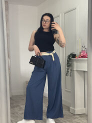 WISKOZOWE SPODNIE WIDE LEG Z PASKIEM UNIQUE NIEBIESKIE