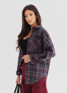 BY O LA LA! DRESOWA KOSZULA W KRATĘ Z HAFTEM MERLOT (BORDO)/SZARA