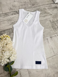 BY O LA LA...! PRĄŻKOWANA BLUZKA BOKSERKA V-NECK BIEL/CZERŃ