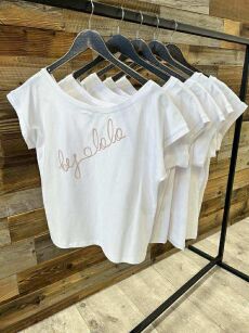 BY O LA LA! BLUZKA T-SHIRT WYSZYWANE LOGO BIEL/BŁĘKIT