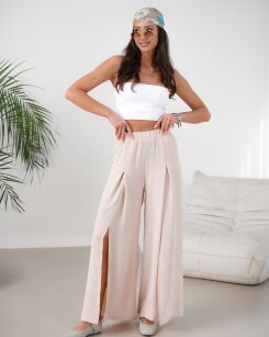 BY O LA LA! BATYSTOWE SPODNIE WIDE LEG BEŻ