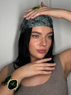 CHUSTA APASZKA Z JEDWABIEM ORNAMENTY CZARNA/TURKUS/ŻÓŁTA LAMÓWKA